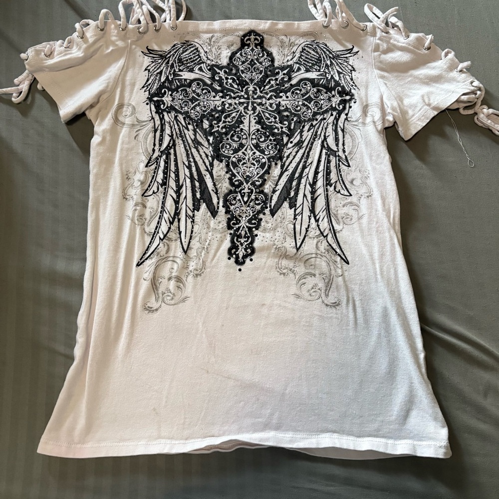 Women's White Graphic Top with Black Design With Crystals